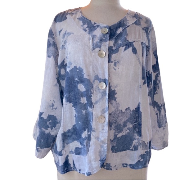 Lands Downunder button up jacket with 3/4 sleeves and notched cuffs, linen - Picture 1 of 8